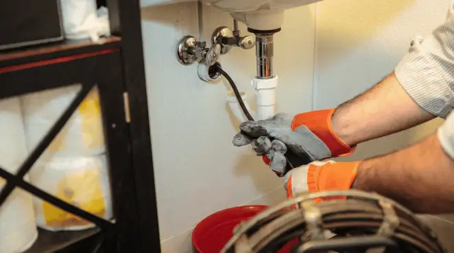 Drain cleaning technician using a motorized plumbing snake to clear a clogged sink pipe in Henderson, NV