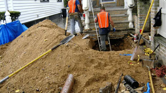 Contractors performing foundation protection and exterior drainage excavation near residential home steps in Henderson, NV
